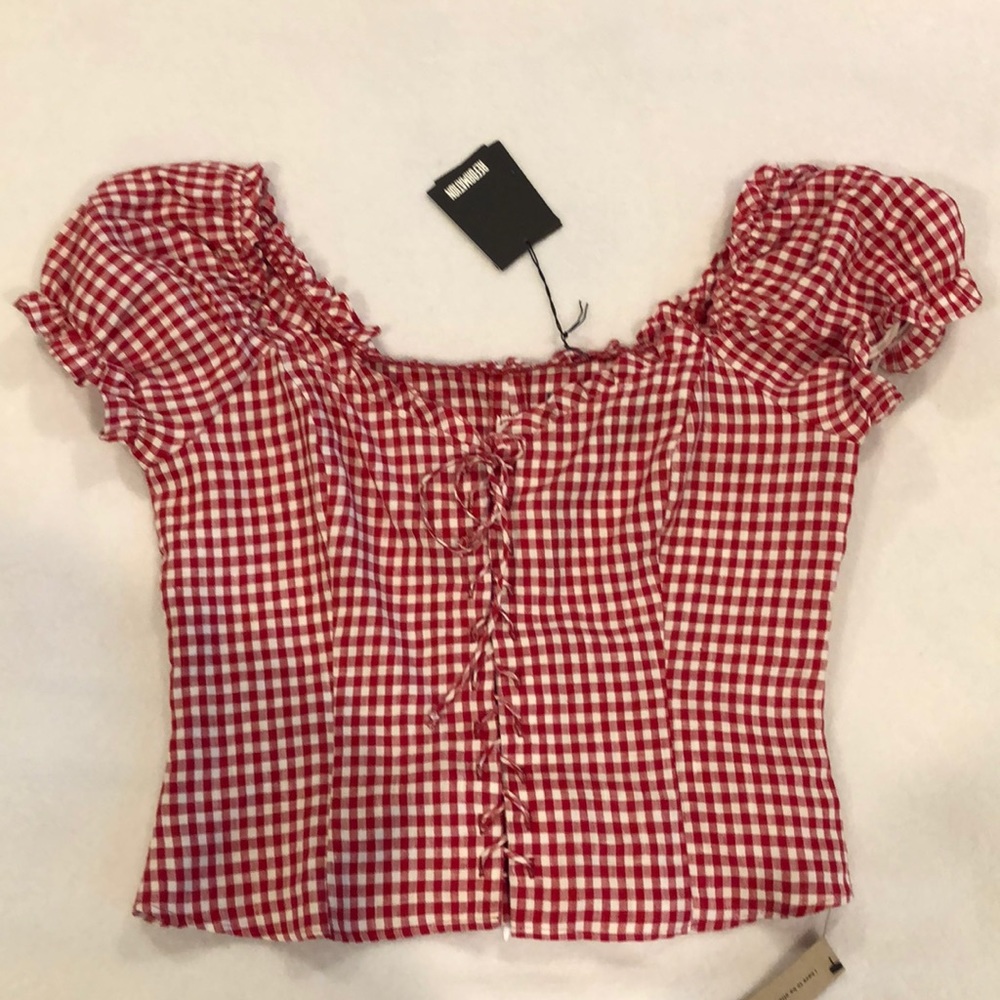 reformation red plaid top w ruffled sleeves ✨